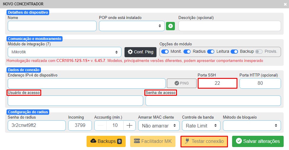 Configuração de leitura e backup do concentrador.