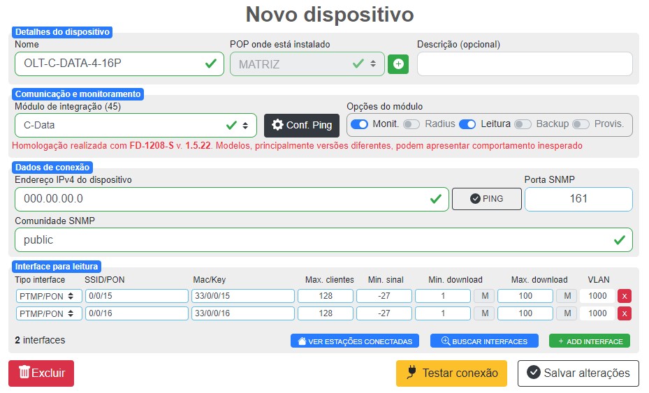 Integração de OLT por SNMP.