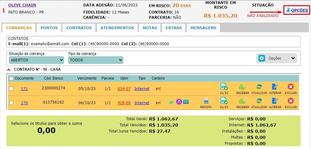 Informações adicionais e opções do contrato inadimplente.