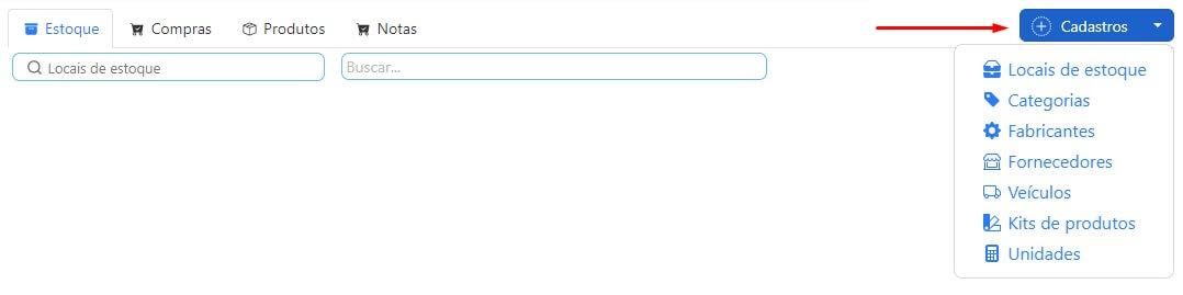 Opções de cadastros no módulo de estoque | Sistema para provedor.
