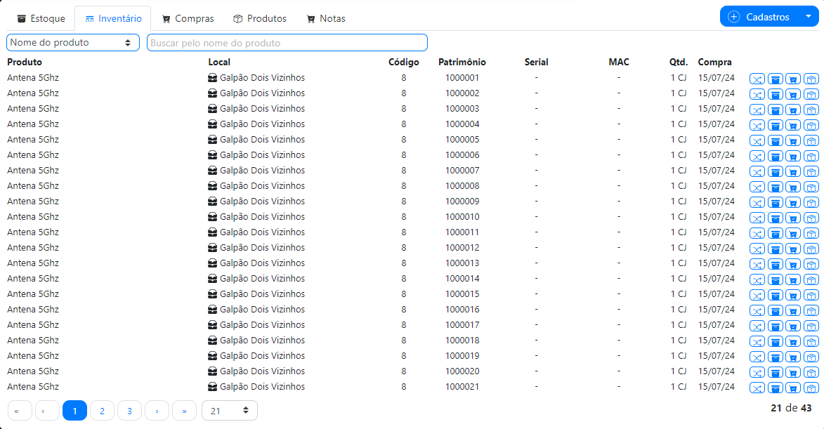 Tela de inventario de estoque | Sistema para provedor.