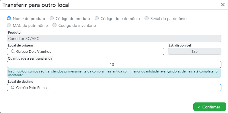 Transferir produto para outro lugar | Sistema para provedor.