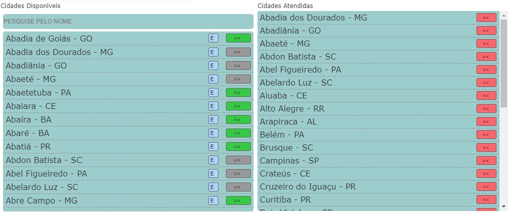 Listas de cidades disponíveis e atendidas no ISPFY.