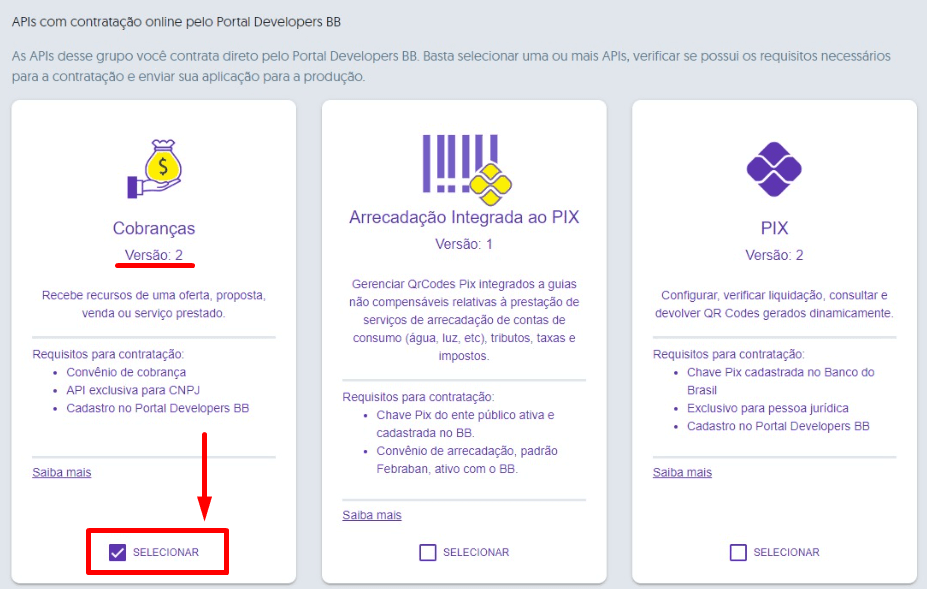 Selecionar API para aplicação no Banco do Brasil.