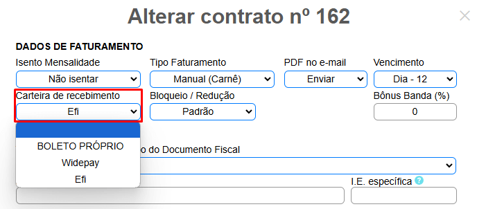 Alterar a carteira no contrato do cliente no ISPFY.