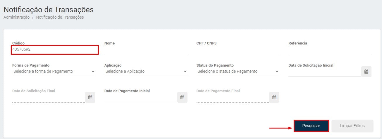 Pesquisar notificação de transação pelo código no Safe2Pay.