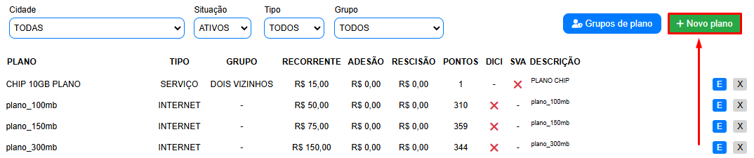 Cadastrando plano de SVA (Serviço de Valor Adicionado).