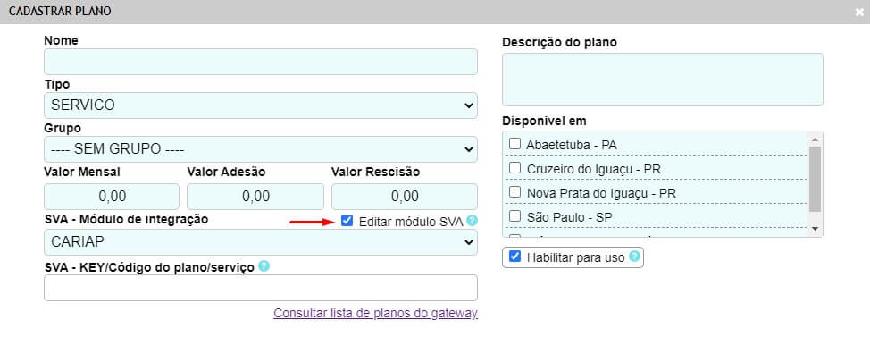 Cadastrando plano SVA CARIAP.