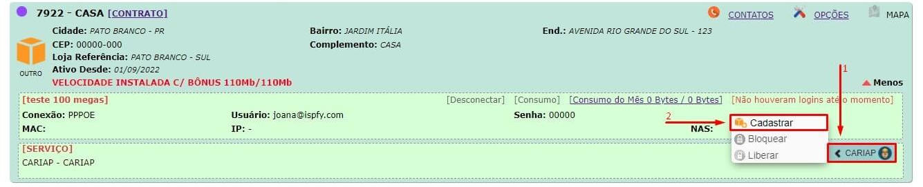 Cadastrar cliente no servico cariap.