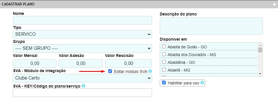 Cadastrar plano SVA Clube Certo.