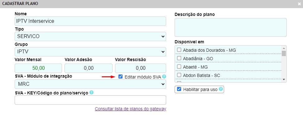 Cadastrando plano SVA MRC Interservice.