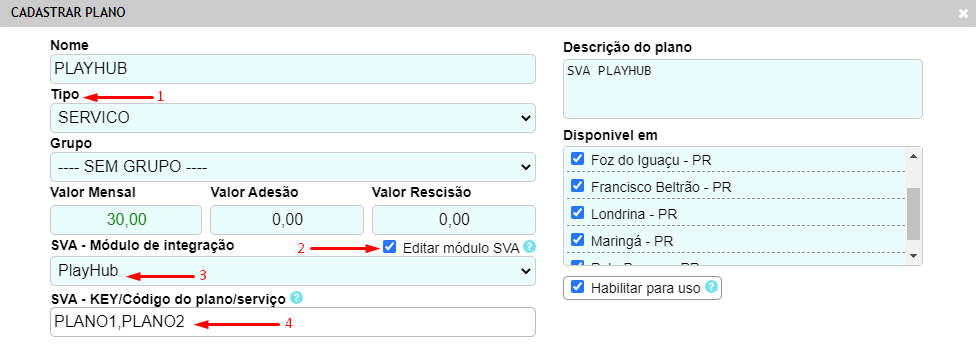 Cadastrando plano SVA PlayHub.