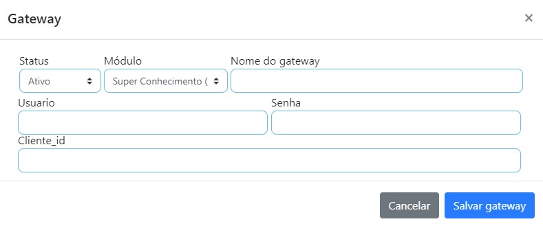 cadastrando gateway super conhecimento.