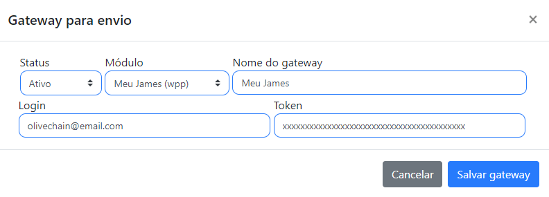 Cadastrar gateway Meu James para envio de mensagens.