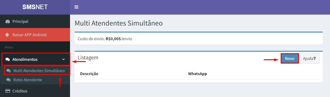 Lista de multi atendentes simultâneo do SMSNET.