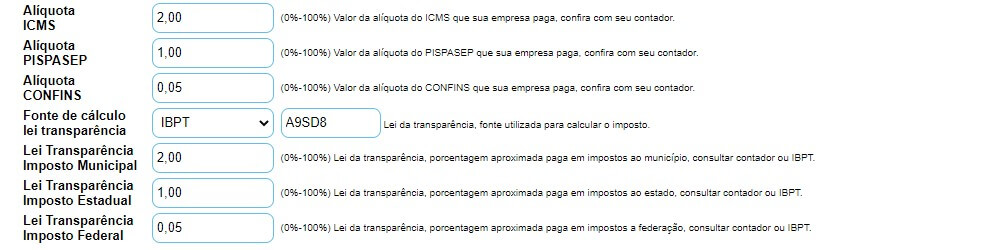 Configurar alíquotas para emissão de nota fiscal.