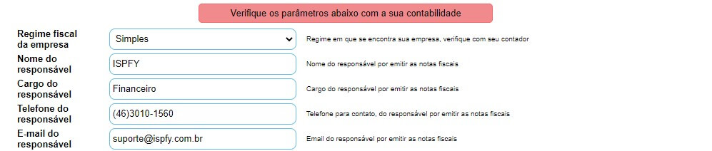 Informar os dados do responsável pela a emissão das notas no ISPFY.