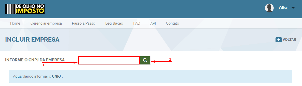 Informar CNPJ da empresa no De Olho no Imposto.