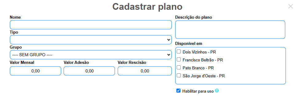 Cadastrar plano no ISPFY.