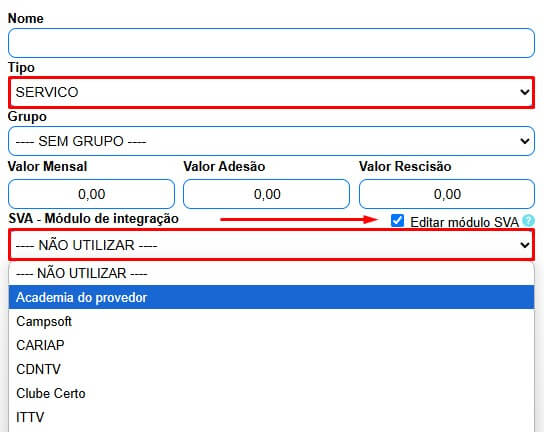 Cadastrar plano de serviço de valor adicionado SVA.